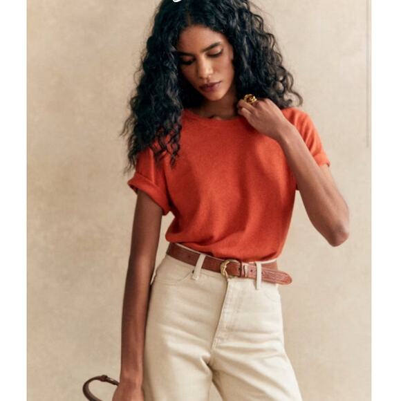 Sezane Matha Red T Shirt Linen Cotton Blend Parisian Chic Size S - Picture 1 of 7